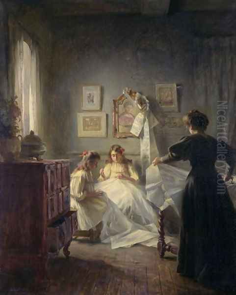 Sewing 1906 Oil Painting by Marius Bartholoty