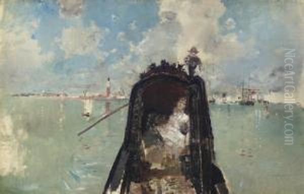 Woman In A Gondola With San Giorgio Maggiore In The Background (in The Gondola) Oil Painting by Robert Frederick Blum