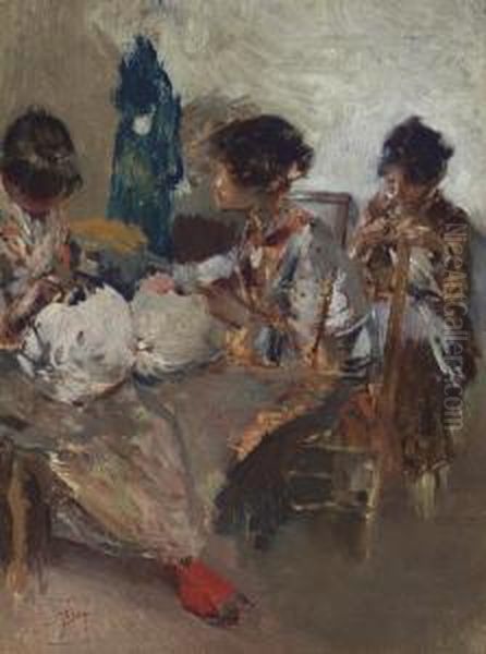 Venetian Lace Makers Oil Painting by Robert Frederick Blum