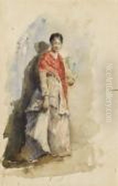 Woman In A Shawl Holding A Fan Oil Painting by Robert Frederick Blum