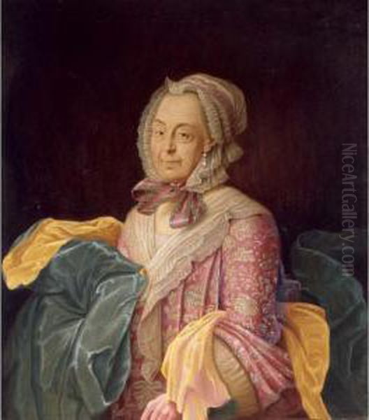 A Portrait Of Anna Elisabetha 
Carstens, Seated Three Quarter Lenght, Wearing An Embroidered Silk Dress
 And Lace Hairdress Oil Painting by Robert Frederick Blum