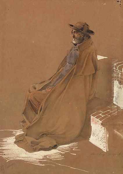 A Study of an elderly Gentleman, seated, wearing a full length Cape and Hat Oil Painting by Friedrich Bamberger