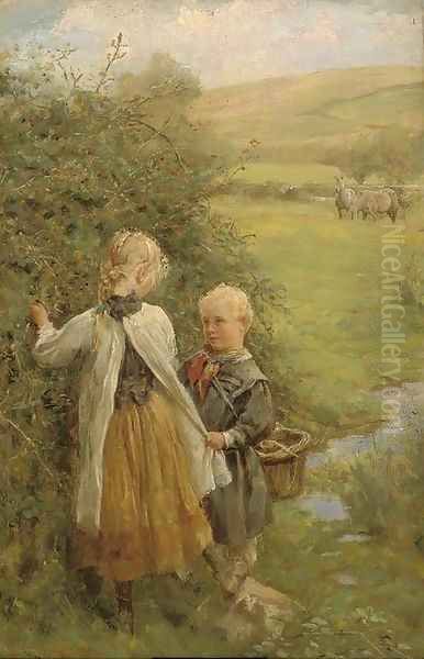 The blackberry gatherers Oil Painting by Edgar Barclay