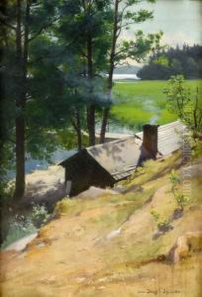 Insjolandskap Med Stuga Oil Painting by Anna Boberg