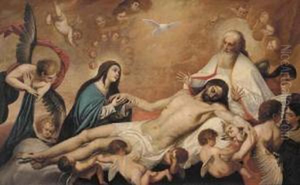 The Holy Trinity With A Female Saint Lamenting The Dead Christ Oil Painting by Pedro Anastasio Bocanegra