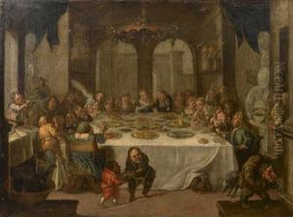 A Palace Interior With Figures Feasting Oil Painting by Faustino Bocchi