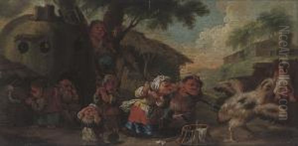 Dwarves Rescuing A Child From A Chicken Oil Painting by Faustino Bocchi