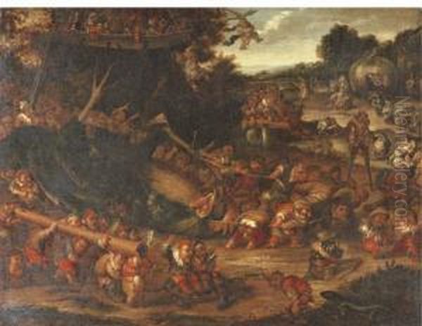 Dwarves In A Landscape Oil Painting by Faustino Bocchi