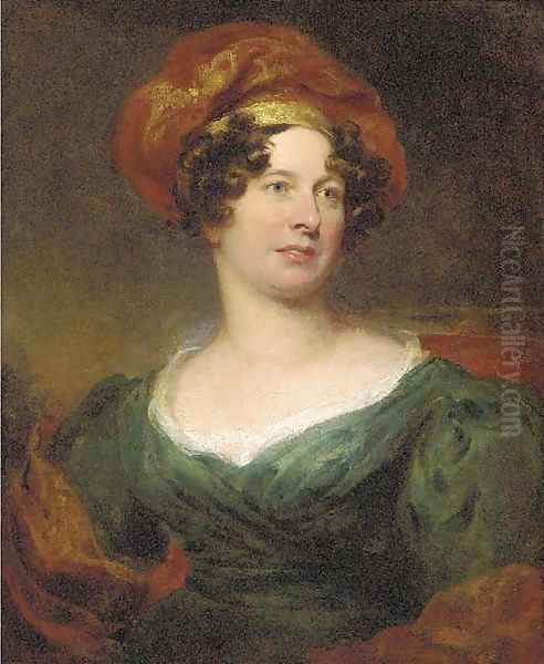 Portrait of a lady, half-length, in a green dress with a red and gold headdress Oil Painting by Sir William Beechey