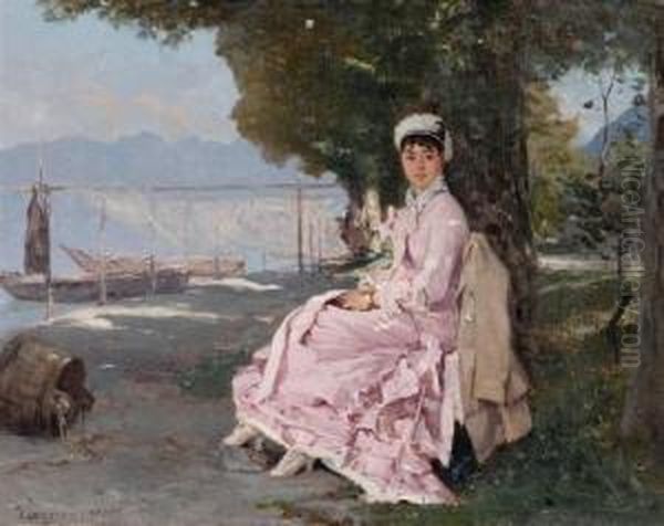 Promenade By The Shore With A Fine Lady In A Pink Dress. Oil Painting by Francois Bocion