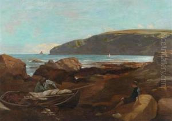 The Shore With Fishermen And A Young Boy On The Beach. Oil Painting by Francois Bocion