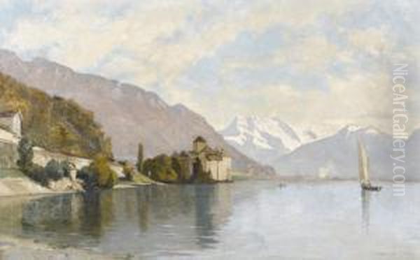 Le Chateau Chillon Vu Du Bord Du Lac. Oil Painting by Francois Bocion