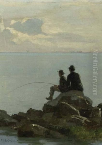 Two Fishermen On The Lake. Oil Painting by Francois Bocion