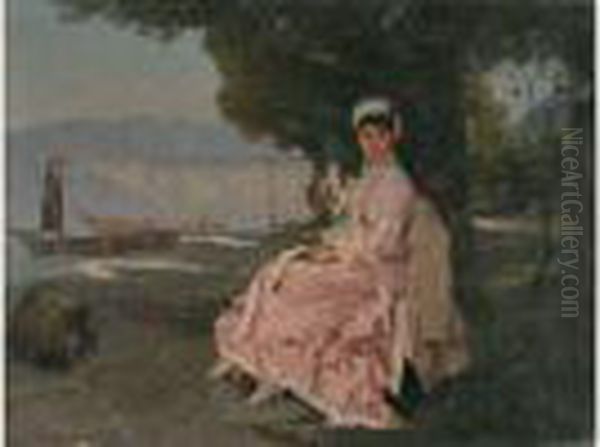 Promeneuse Assise Pres D'un Lac Oil Painting by Francois Bocion