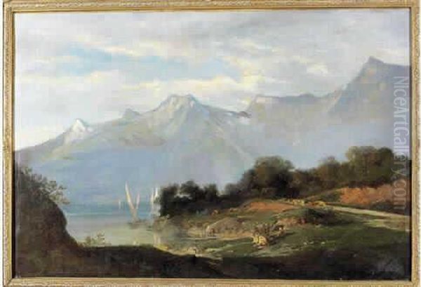 Scene Animee Au Bord Du Lac Leman A Saint Gingolph Oil Painting by Francois Bocion