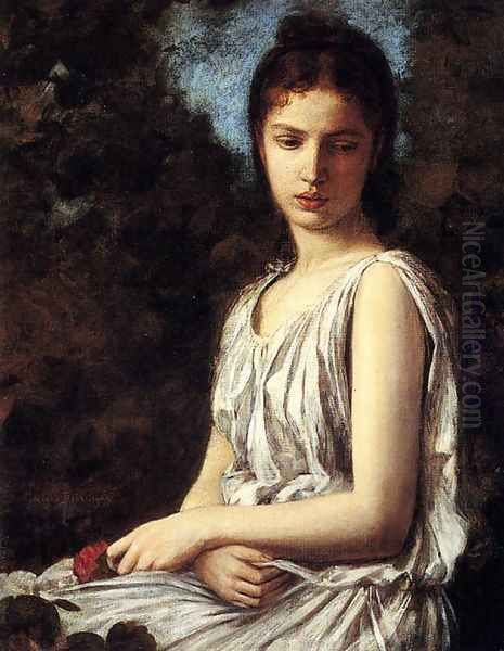 A Young Woman In Classical Dress Holding A Red Rose Oil Painting by Georges Bellanger