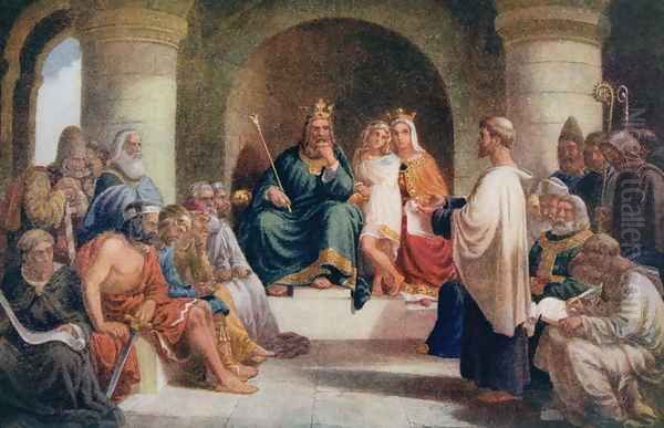 King Alfred (849-99) submitting his laws to the Witan, illustration from 'Lives of Great Men Told by Great Men', c.1920s Oil Painting by John Bridges