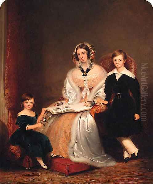 Group Portrait of a Lady with her two Children, small full-length, the former in a yellow lace dress, resting a book on her lap Oil Painting by John Bridges