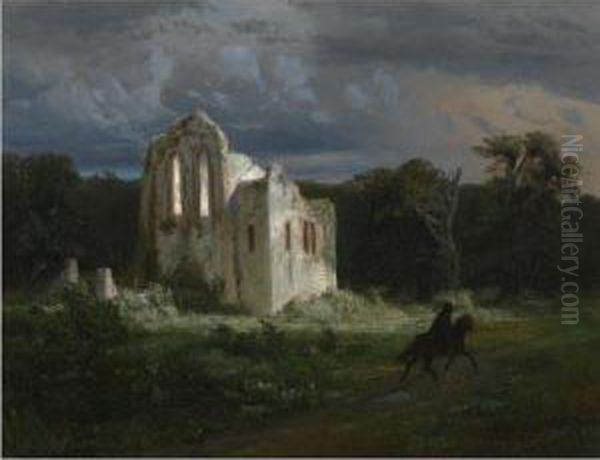 Mondscheinlandschaft Mit Ruine (moonlit Landscape) Oil Painting by Arnold Bocklin