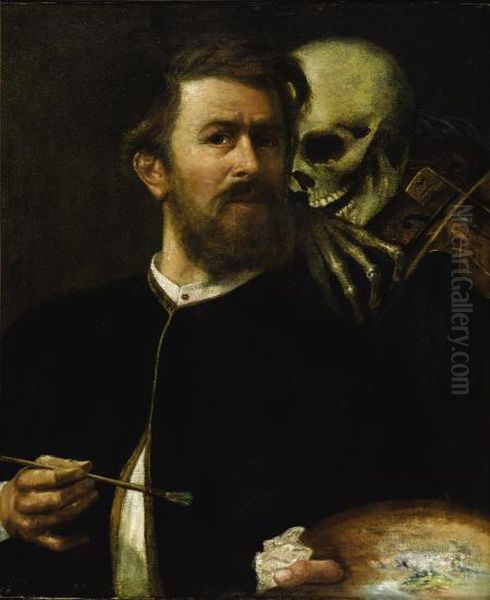 Self-portrait With Death Playing The Fiddle Oil Painting by Arnold Bocklin