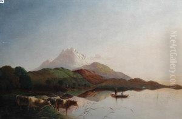 Fisherman And Cattle In A Loch Oil Painting by Henry Boddington