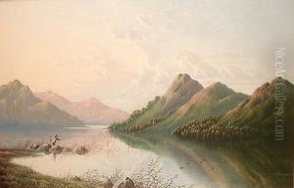 Highland Landscape With Figure Fishing In The Foreground Oil Painting by Henry Boddington