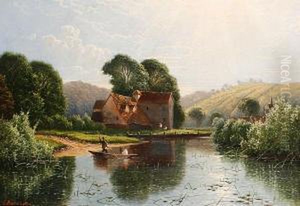 Figures In A Punt In A Summer Landscape Oil Painting by Edwin H., Boddington Jnr.