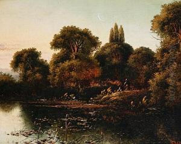 A Lake Scene At Sunset Oil Painting by Edwin H., Boddington Jnr.