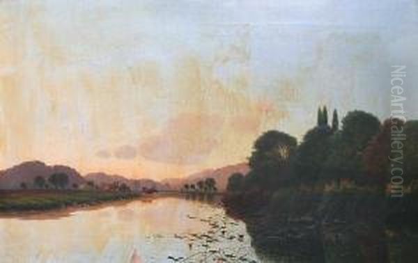 River Landscape With Cattle Watering Oil Painting by Edwin H., Boddington Jnr.