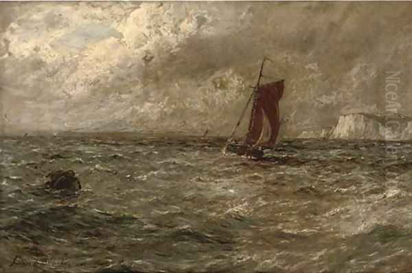 A fishing boat off a coastline, in a stormy sea Oil Painting by Gustave de Breanski