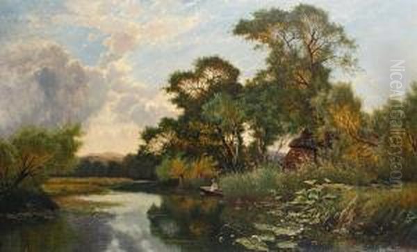 Fishing In A Backwater On The Thames Oil Painting by Edwin H., Boddington Jnr.