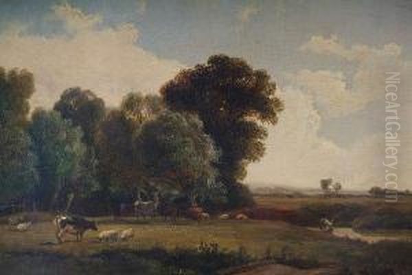 Landscape With Cattle And Sheep Grazing, Withfisherman By A Riverside Oil Painting by Edwin H., Boddington Jnr.