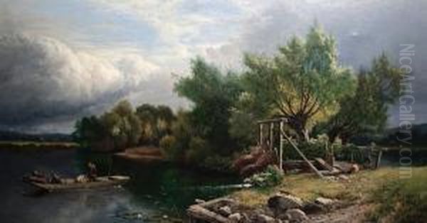 Traps At A Fishing Weir On Thethames Oil Painting by Edwin H., Boddington Jnr.