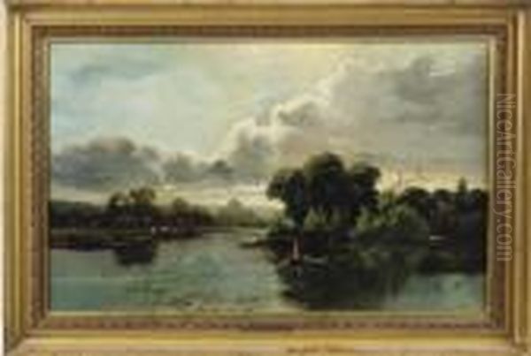 Two Anglers In A River Landscape, With Cattle Beyond Oil Painting by Edwin H., Boddington Jnr.