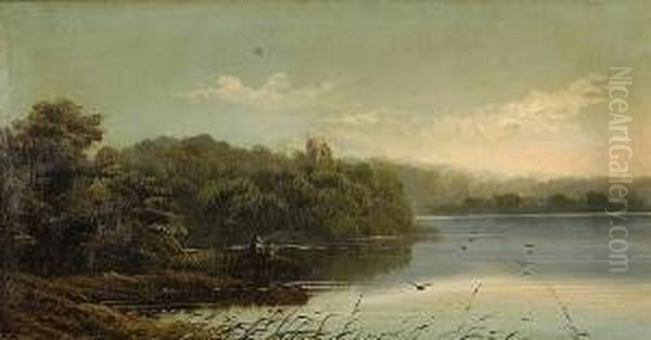 Figure Fishing From A Punt Oil Painting by Edwin H., Boddington Jnr.