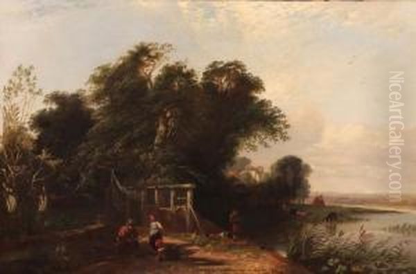 East Anglian River View With Figures By A Loch Oil Painting by Edwin H., Boddington Jnr.