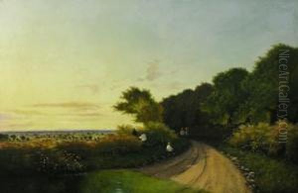 A Wooded Landscape With Figures By A Road Oil Painting by Edwin H., Boddington Jnr.