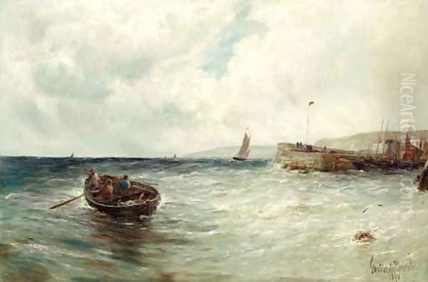 Fishing boats off a jetty Oil Painting by Gustave de Breanski