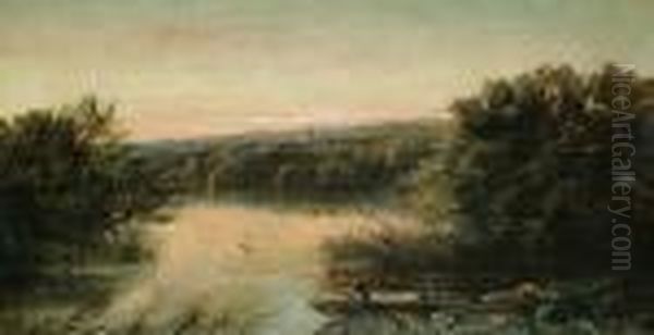 A Figure In A Punt On A River; Figures Fishing In A River Landscape Oil Painting by Edwin H., Boddington Jnr.