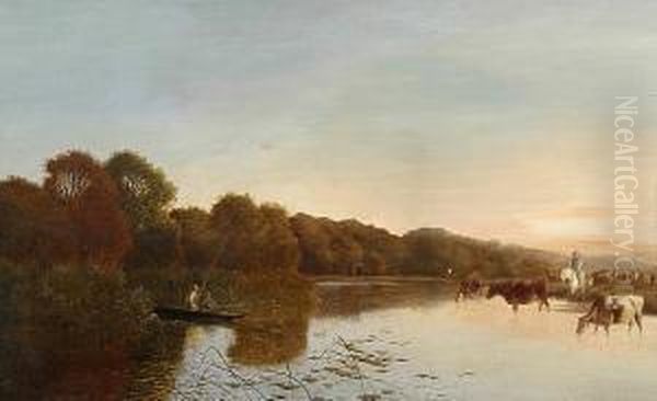 Cattle Watering At The River's Edge Oil Painting by Edwin H., Boddington Jnr.