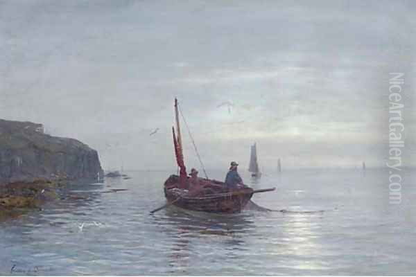 Fishing off a coastline at dusk Oil Painting by Gustave de Breanski