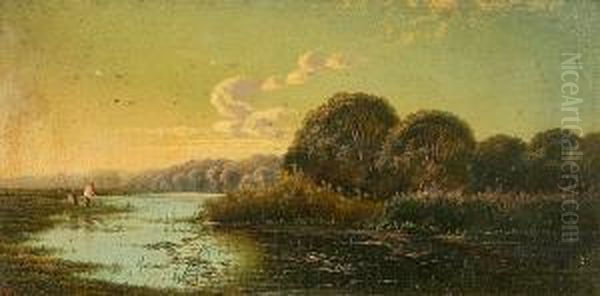 Anglers On A Quiet Stretch Of The River Oil Painting by Edwin H., Boddington Jnr.