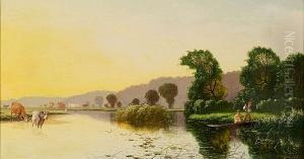 Thames Valley River Landscape 
(possibly Between Goring And Pangbourne), With Figures In A Boat And 
Cattle Grazing Oil Painting by Edwin H., Boddington Jnr.