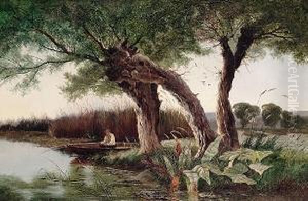 Fishing In A Reed Bed Oil Painting by Edwin H., Boddington Jnr.