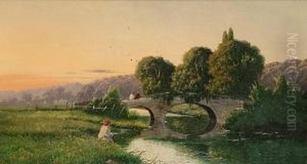 River Landscape With Figure Fishing Oil Painting by Edwin H., Boddington Jnr.