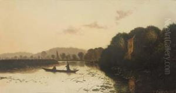 Figures By A Lock; And Anglers On A Lake Oil Painting by Edwin H., Boddington Jnr.