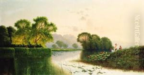 Anglers Fishing In A River Landscape Oil Painting by Edwin H., Boddington Jnr.