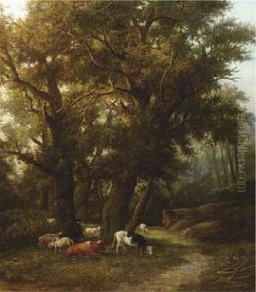 Cattle In A Forest Oil Painting by Willem Bodemann