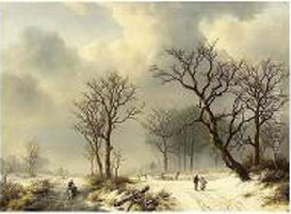 A Winter Landscape With Figures On A Snowy Track Oil Painting by Willem Bodemann