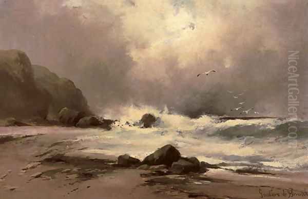 Waves against a beach Oil Painting by Gustave de Breanski